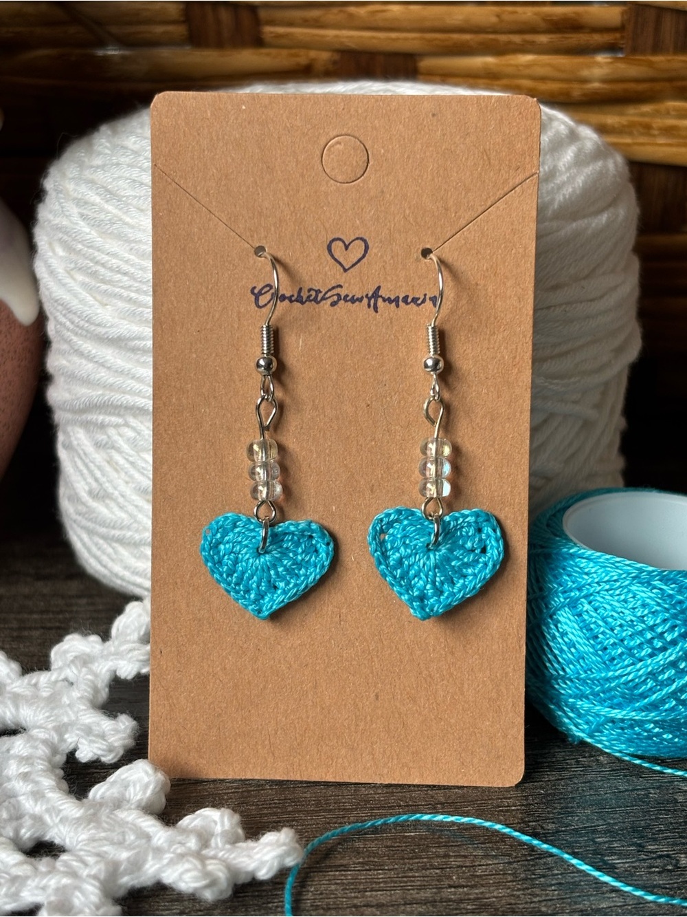 Turquoise Crochet Heart Drop Earrings